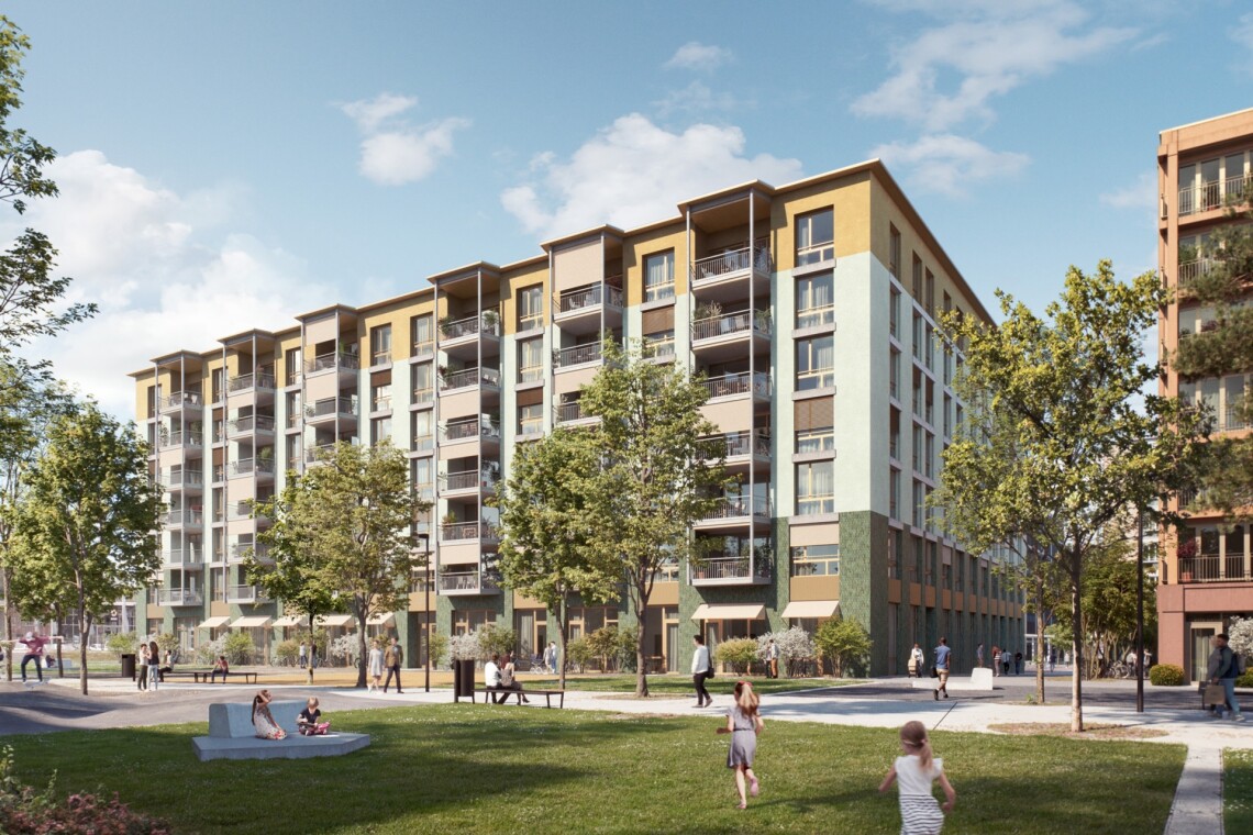 Das Foto zeigt das Haus Weiler, einen Neubau. Es hat sieben Stockwerke in verschiedenen Farben.